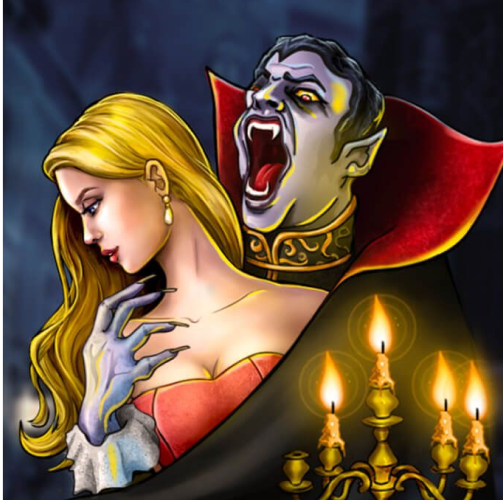 Blood Suckers kasinopelin logo. Vamppyyri puremassa naista kaulaan. Kynttilä. 