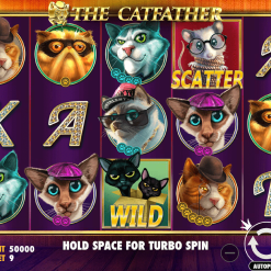 The Catfather kasinopelin logo. Erilaisia kissa hahmoja ja kasinosymboleita pelinäkymässä. 