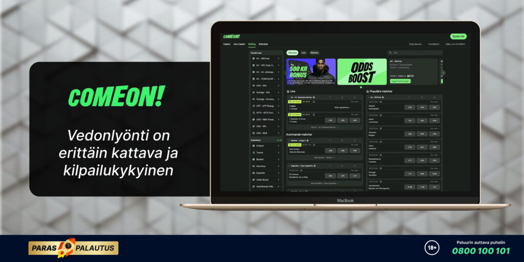 ComeOn vedonlyöntikertoimet ovat kilpailukykyiset ja kattavat.