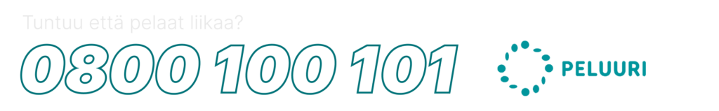 Peluuri-palvelun vihreä logo ja hätänumero 0800 100 101, tukea tarjoava puhelinnumero ongelmapelaajille.